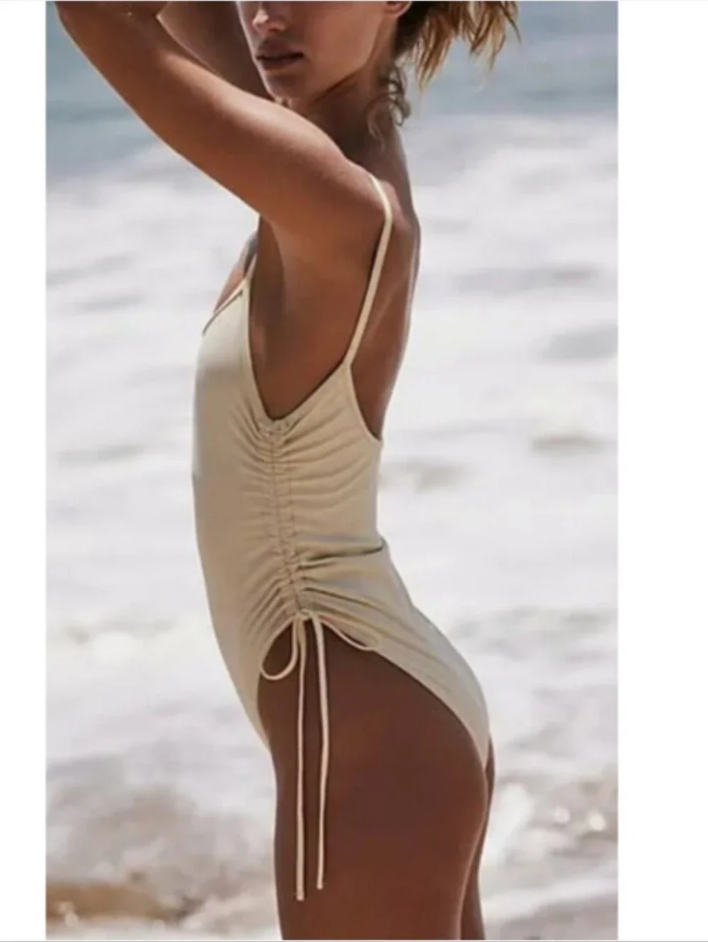 Beige Drawstring Side One-Piece‎ Swimsuit